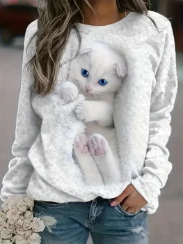 2023 Осенний новый женский топ, повседневный удобный свитер увеличенного размера с милым принтом котенка, женская толстовка с круглым вырезом