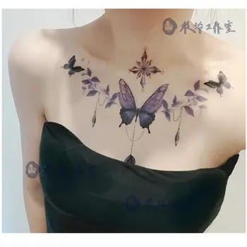 2шт Синяя бабочка, поддельная татуировка для женского живота, Сексуальная цветочная татуировка, Водонепроницаемая временная татуировка с драгоценными камнями, стойкие татуировки