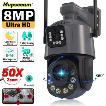8-Мегапиксельная двухобъективная 50-кратная оптическая WIFI камера наблюдения цветного ночного видения с обнаружением движения CCTV iCSee Smart HD Video Security Camera
