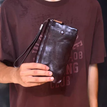 AETOO Vintage Day Винтажный кожаный кошелек на молнии, Мужской нишевый дизайн, длинный кошелек, Женская ручная сумка для мобильного телефона из воловьей кожи