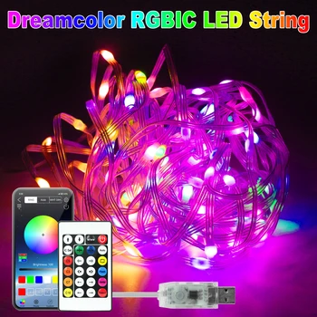 Dreamcolor USB Светодиодные гирлянды с управлением по Bluetooth Smart Fairy Light WS2812B RGBIC Рождественская Лампа для украшения свадебного сада
