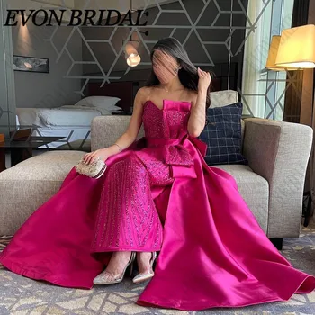 EVON BRIDAL, Элегантные вечерние платья в стиле русалки в Дубае, вечерние платья с бантом цвета фуксии, атласные платья без бретелек, блестящие нарядные платья для выпускного вечера, съемный шлейф