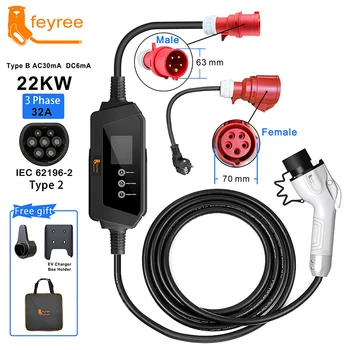 feyree 22KW 32A 3-Фазное Портативное Зарядное Устройство EV GBT Plug Fast Charging Box Кабель длиной 5 м Для Регулировки Тока Зарядной Станции Электромобиля