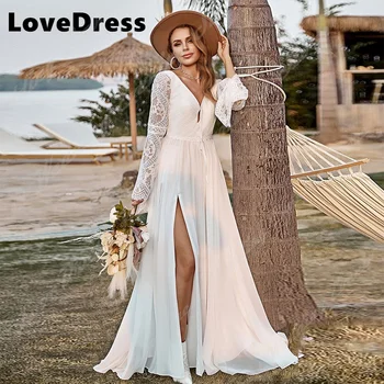 LoveDress Элегантные свадебные платья трапециевидной формы с V-образным вырезом Для женщин 2023, Простые кружевные платья с длинными рукавами и высокой спинкой с разрезом