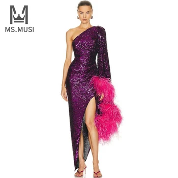 MSMUSI 2023 Новое Модное женское Сексуальное платье с блестками из перьев на одно плечо с длинным рукавом и открытой спиной, облегающее платье Макси с разрезом для вечеринки и клуба, платье-Халат