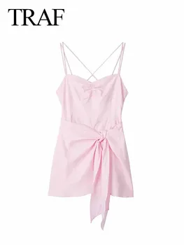 TRAF Женская мода с завязкой на бант, Мини-милая, сексуальное женское платье с открытой спиной на тонких бретелях, Элегантные вечерние платья для женщин 2023