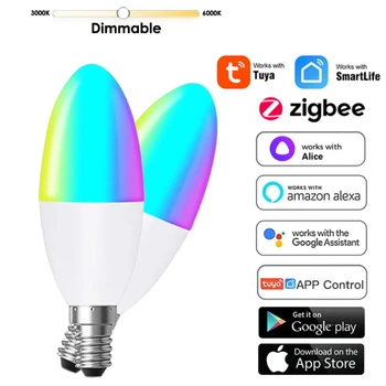 Tuya Zigbee E14 Светодиодная Лампа 5 Вт С Регулируемой Яркостью RGB + CW + WW Smart Lights Свеча Лампа Smart Life Голосовое Управление Работает с Alexa Google