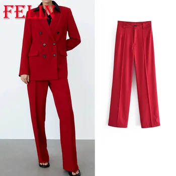 Za 2021 Шикарные однотонные красные офисные женские брюки на молнии, женские модные осенние Элегантные Рабочие формальные роскошные брюки