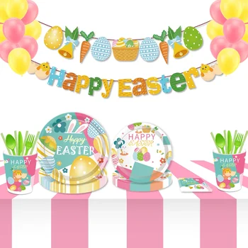 Весенний мультяшный кролик цыпленок с Пасхальной воскресной вечеринкой Одноразовые наборы посуды DIY баннер Пасхальные яйца декоры для дня рождения