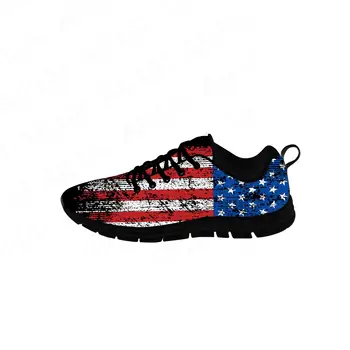 Винтажные кроссовки с американским флагом, Мужская Женская повседневная обувь для подростков, Парусиновая обувь для бега, Дышащая легкая обувь Черного цвета