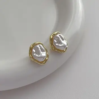 Геометрические Неправильные круглые металлические жемчужные серьги для женщин в минималистском стиле, индивидуальность, Серьги-иглы из серебра 925 Пробы, Ювелирный подарок