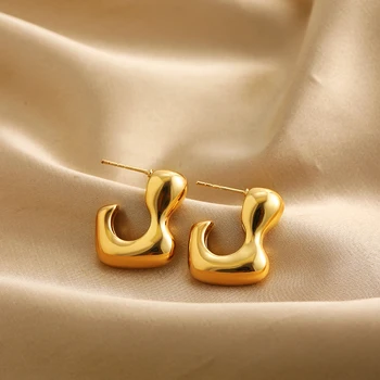 Гладкие позолоченные Нерегулярные Массивные серьги-кольца для женщин, креативные геометрические глянцевые серьги из нержавеющей стали, винтажные ювелирные изделия