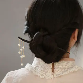 Головной убор в древнем стиле, кисточка, жемчужина, деревянная вилка для волос из черного дерева, женская палочка для волос, застежка для волос в китайском стиле
