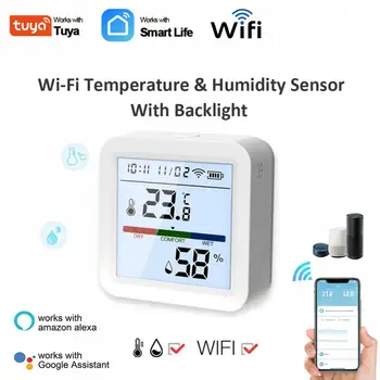 Датчик температуры и влажности Tuya Wifi С подсветкой, внутренний Гигрометр, детектор термометров, Удаленная поддержка Alexa Google Home
