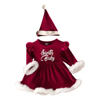Детская одежда, Детское красное платье с длинными рукавами и круглым вырезом, Рождественское детское платье, Рождественская шляпа, комплект из двух предметов, подарок для ребенка