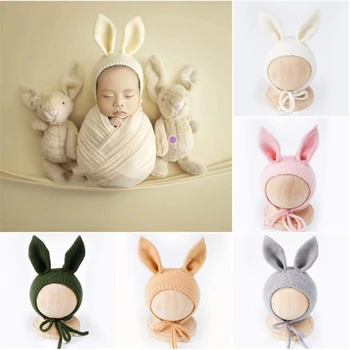 Детская шапочка с заячьими ушками, реквизит для фотосъемки, головные уборы, костюм новорожденного кролика, шляпа