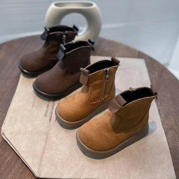 Детские ботинки для мальчиков и девочек 2024, Новые замшевые короткие ботинки в корейском стиле, Модные однотонные нескользящие ботинки 