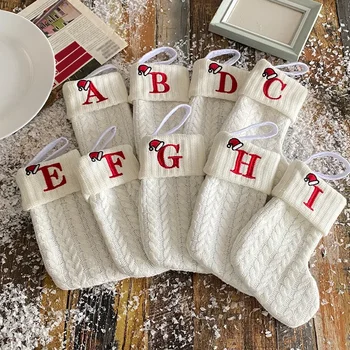 Детский подарочный пакет для конфет, Белые Рождественские носки, подарочный пакет, Декоративные вязаные носки, Шерстяные носки с вышитыми буквами