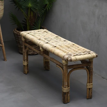 Длинная скамейка из натурального ротанга в скандинавском стиле, табурет для переодевания обуви из массива дерева у входа, креативная плетеная кровать из ротанга в спальне в стиле ретро