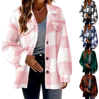 Женская мода 2023, Новая Осенне-Зимняя Клетчатая куртка с карманами, Плюшевая куртка на пуговицах для тепла, Отдыха и Элегантности