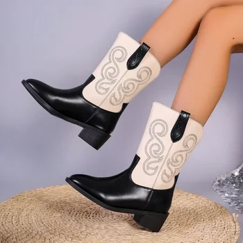Женская обувь в продаже 2023 г., высококачественные женские ботинки с рукавами, зимние ботинки с острым носком, разноцветные западные ботинки с квадратным корнем средней длины