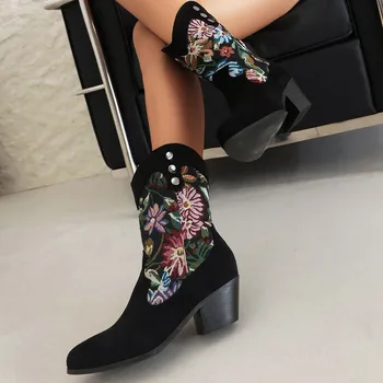 Женские ботинки с цветочной вышивкой, короткие женские ботильоны на толстом каблуке, Удобная модная повседневная осенне-зимняя женская обувь
