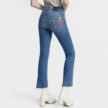 Женские джинсы с вышивкой и высокой талией, повседневные модные джинсовые брюки длиной до щиколотки