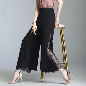 Женские кружевные лоскутные элегантные прямые укороченные брюки с широкими штанинами, женские летние Черные свободные тонкие брюки с высокой талией, панталоны