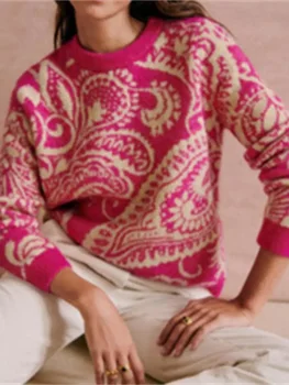 Женский джемпер 2023 из смеси шерсти и жаккарда Кешью, винтажный Свободный повседневный французский вязаный свитер