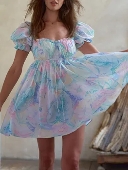 Женское милое сказочное платье с пышными рукавами, летнее повседневное платье трапециевидной формы с цветочным принтом спереди, милое платье-сорочка, уличная одежда