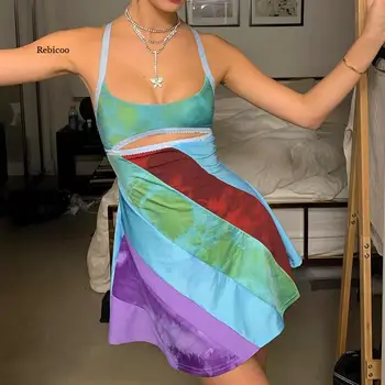 Женское сексуальное яркое мини-платье с вырезом на бретельках, облегающий сарафан, винтажное платье для летней вечеринки, клубная одежда, платье трапециевидной формы