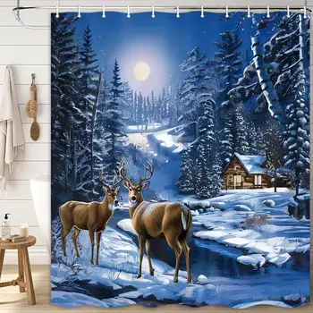 Зима Рождество душ занавес Рождество олень природа лес заснеженный пейзаж фермерский дом ванная комната, декор ткань занавески с крючками