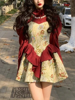 Зимнее Рождественское платье с цветочным принтом, женское красное мини-платье в стиле пэчворк, женское Корейское модное Элегантное цельнокроеное платье 2023, Новинка