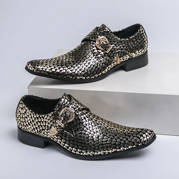 Золотые мужские лоферы, свадебные туфли с острым носком и ремешком с пряжкой, серебряные мужские туфли с бесплатной доставкой, размер 38-46