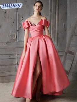Классическая атласная с плеча вечернее платье 2024 мода с коротким рукавом платье Сексуальная линии платья Vestidos де novia