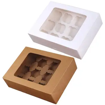 Коробки для кексов из белой бумаги, 12 полостей, коробка для кексов с окошком, прочный контейнер для выпечки из 10 шт., Маслостойкие чехлы для обертывания тортов из крафт-бумаги