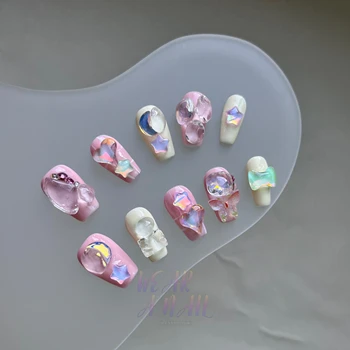 Красочный кристалл, симпатичный пресс для ногтей, Короткий Розовый пресс для украшения ногтей, Многоразовый клей, накладные ногти, Шарм, искусственный кончик ногтя.