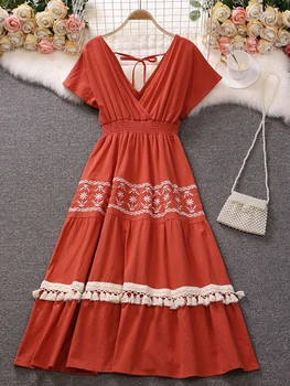 Летнее богемное платье с V-образным вырезом и бахромой в этническом стиле, большие качели, праздничное платье средней длины GD703