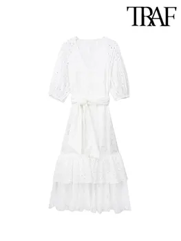 Летнее новое платье TRAF 2023 Женское белое модное темпераментное платье с элегантным поясом и вышивкой, многослойное платье с полостью