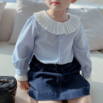 Модная лоскутная рубашка с декоративной каймой для корейских девочек, круглый вырез в клетку, пуловер с длинными рукавами и пуговицами, блузка, детская одежда