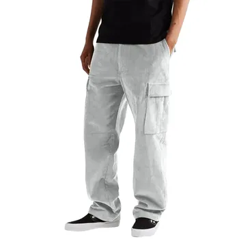 Мужские осенне-зимние однотонные вельветовые прямые брюки с множеством карманов, высокие уличные брюки, повседневные свободные комбинезоны, брюки