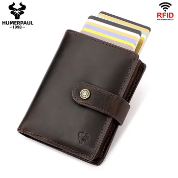Мужской кошелек из натуральной кожи, двойной алюминиевый футляр для кредитных карт, RFID-выдвижной кошелек для банковских карт с портмоне для монет