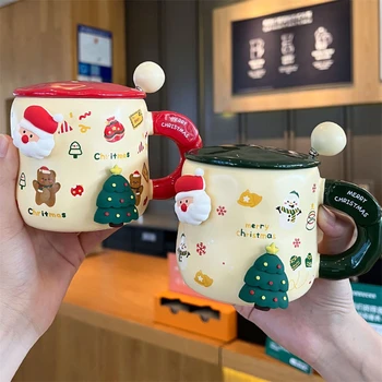 Мультяшная Рождественская кружка, домашняя милая керамическая чашка для молока с крышкой и ложкой, сопровождающая подарочную пару кофейных чашек