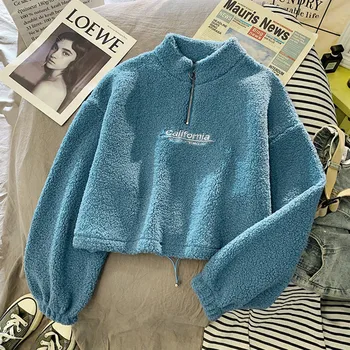 одежда для детей младше 10 лет, женский осенне-зимний укороченный свитер с коротким рукавом, наполовину застегивающийся на молнию, наполовину с высоким воротником, укороченный свитер для женщин