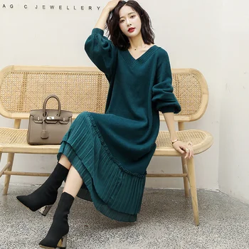 Осенний свитер-юбка Женская Корейская версия шифоновой строчки, Свободное повседневное платье Wweater с длинным разрезом выше колена