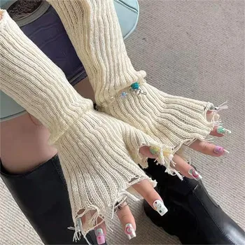 Панк-милые крутые персонализированные рваные перчатки с бахромой, простые вязаные варежки унисекс с манжетами без пальцев, модные длинные перчатки для согревания рук