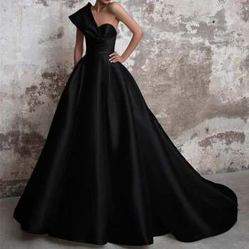 Платье Flora Элегантное вечернее платье трапециевидной формы на одно плечо, черное атласное платье для выпускного вечера со складкой на спине для женщин 2023, вечерние платья