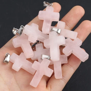 подвеска из розового кристалла 35x19 мм, подвески в форме креста из натурального камня, для изготовления ювелирных изделий, женские ожерелья, серьги, подвески оптом