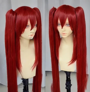 Популярный длинный темно-красный прямой парик для косплея Fairy Tail Scarlet + две заколки на хвосте