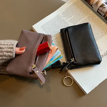 Простой ретро кошелек из натуральной кожи с брелоком, милый мини-кошелек на молнии для женщин, портативная сумка для губной помады, держатель для карт